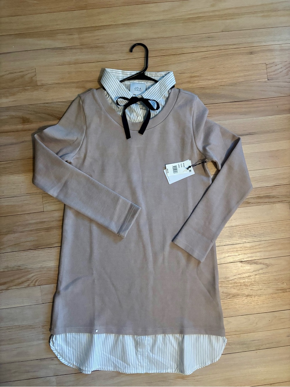 J.O.A. Taupe Layered-Look Mini Dress with White Stripe Trim